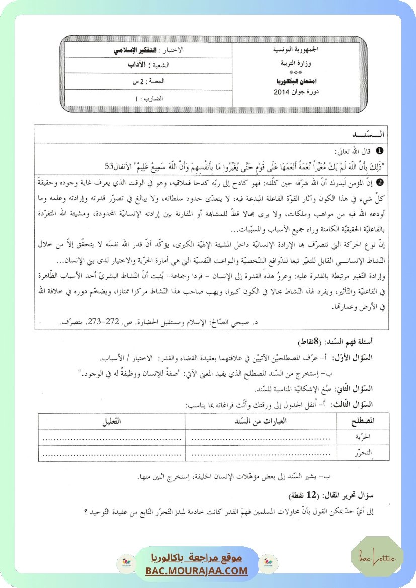 Sujet principale pense_islam Bac 2014 – Section lettre